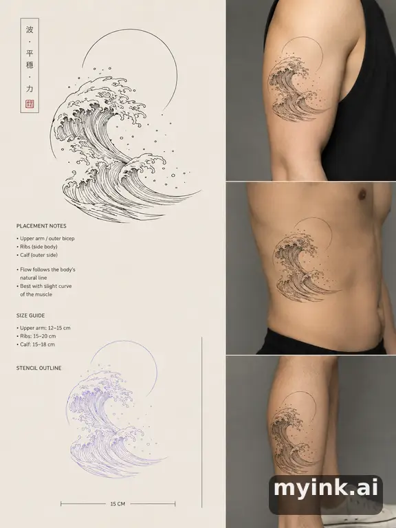 Consultation-ready Japanese wave tattoo plan with stencil and placement notes — Minimalist Tattoo Design reference image