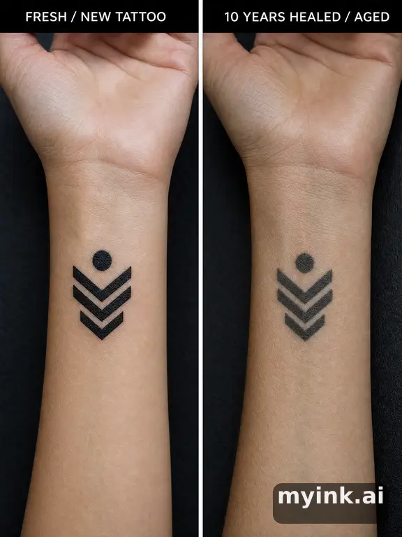 Tattoo aging comparison for a minimalist wrist design over ten years — Blackwork Tattoo Design reference image