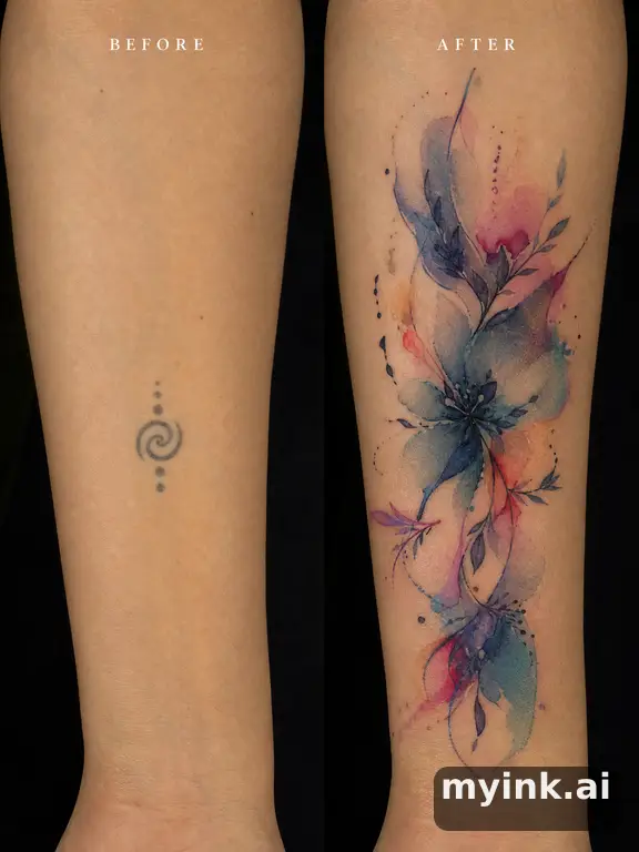 Before-and-after cover-up direction that absorbs an old small symbol — Watercolor Tattoo Design reference image