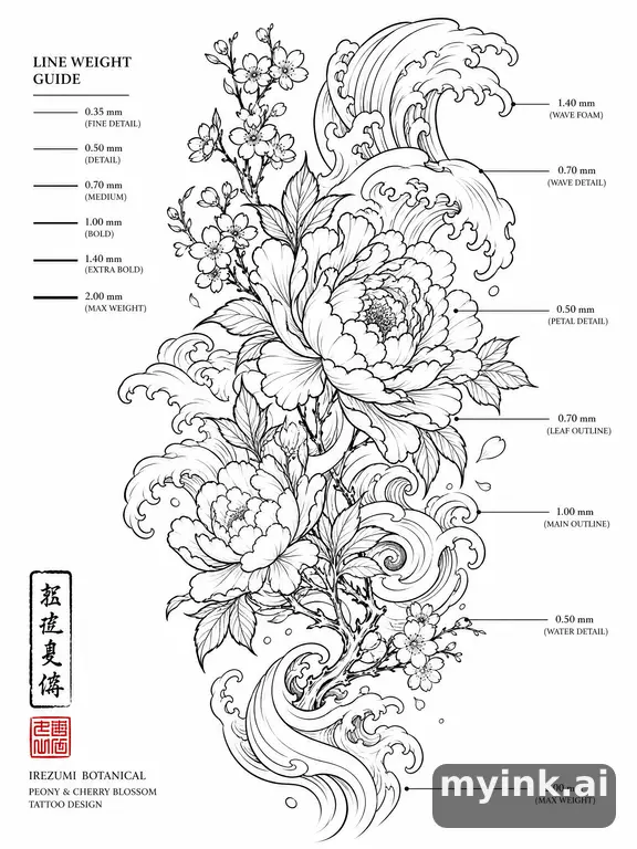 Clean stencil-ready botanical tattoo with line weight annotations — Japanese Tattoo Design reference image