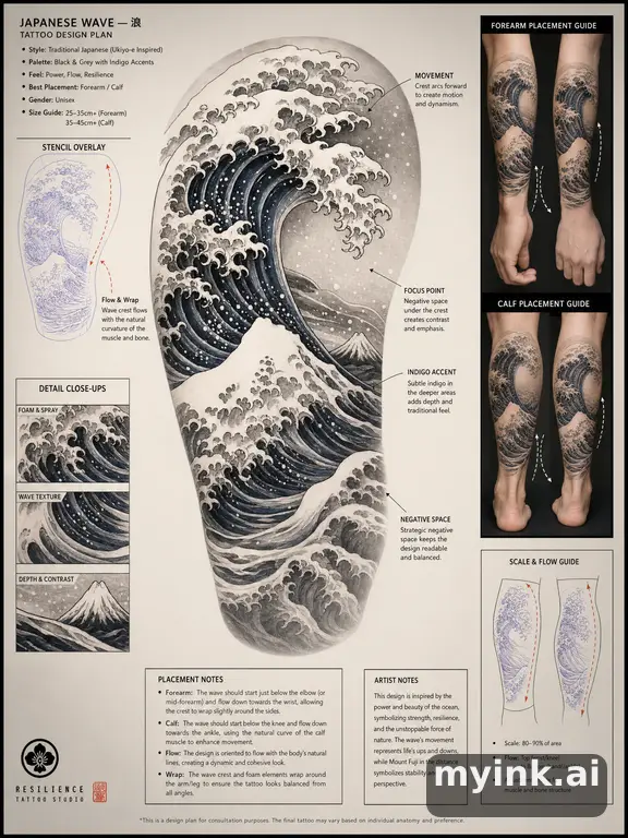 Consultation-ready Japanese wave tattoo plan with stencil and placement notes — Realistic Tattoo Design reference image