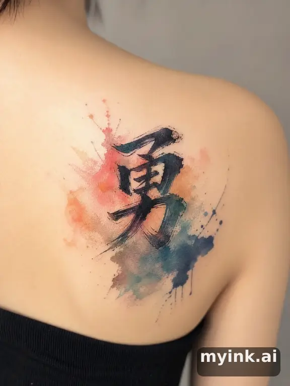 Chinese character '勇' (bravery) — Watercolor Tattoo Design reference image