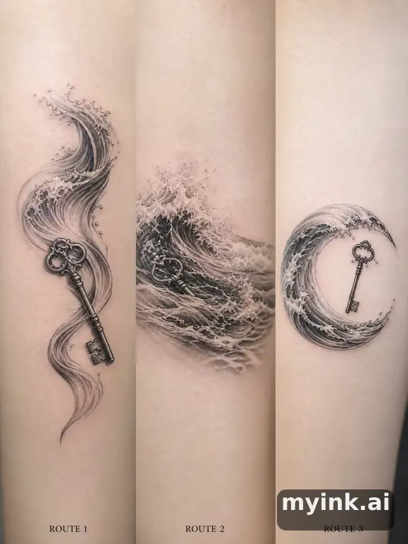 Three symbolic memorial tattoo routes based on ocean waves and a small key — Realistic Tattoo Design reference image
