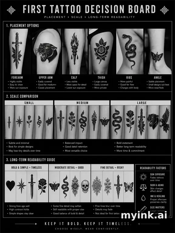First tattoo decision board comparing placement — Blackwork Tattoo Design reference image