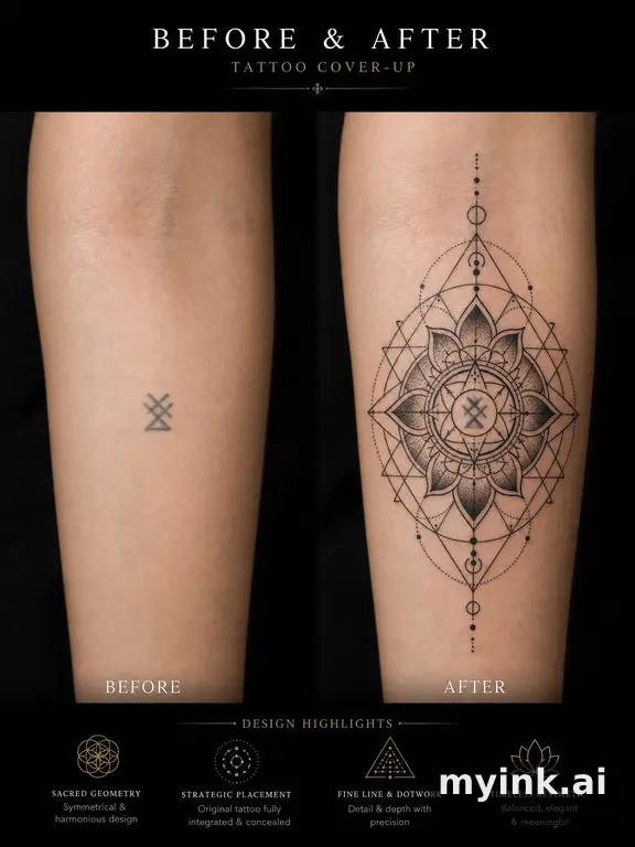 Before-and-after cover-up direction that absorbs an old small symbol — Geometric Tattoo Design reference image