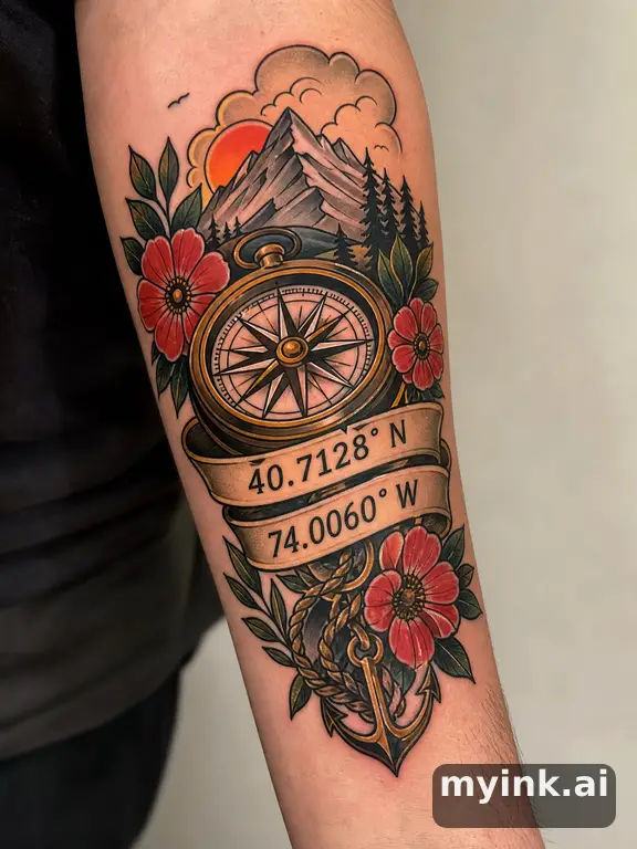 Coordinates numbers in clean sans-serif font — Neotraditional Tattoo Design reference image