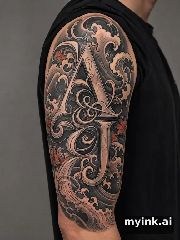 Initials 'A & J' intertwined — Japanese Tattoo Design reference image