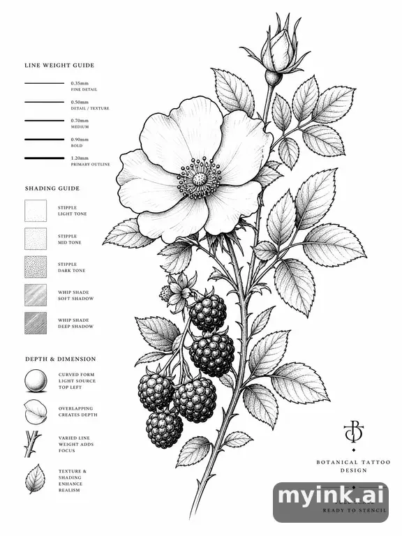 Clean stencil-ready botanical tattoo with line weight annotations — Realistic Tattoo Design reference image