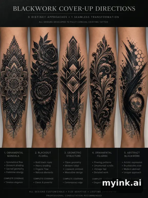 Cover-up tattoo planning board showing five blackwork directions — Realistic Tattoo Design reference image