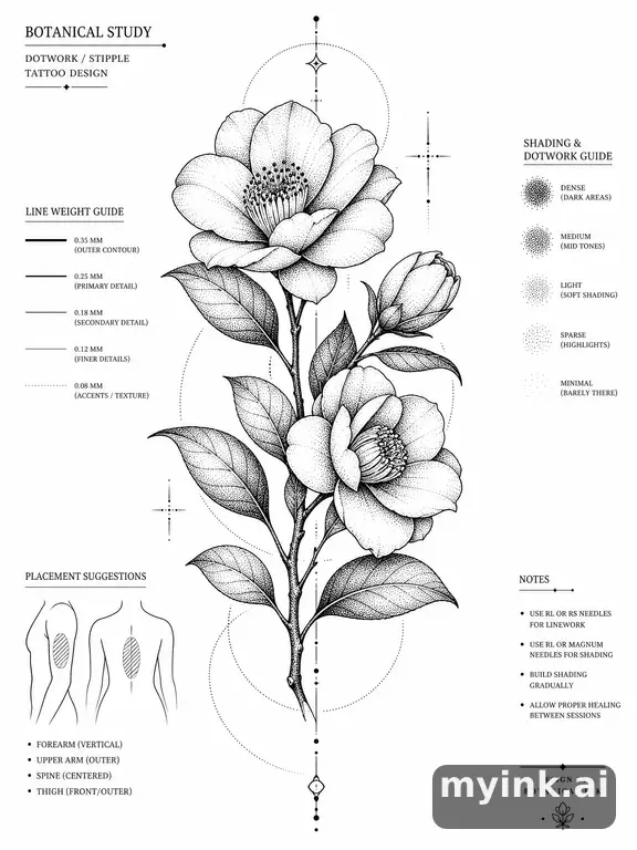 Clean stencil-ready botanical tattoo with line weight annotations — Dotwork Tattoo Design reference image
