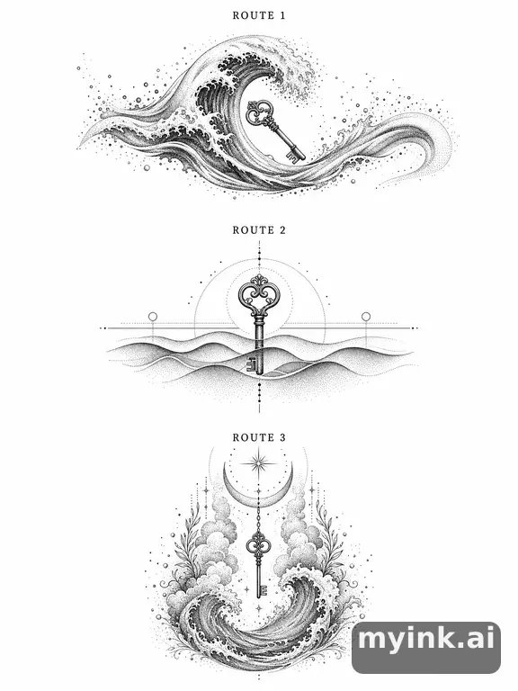 Three symbolic memorial tattoo routes based on ocean waves and a small key — Dotwork Tattoo Design reference image