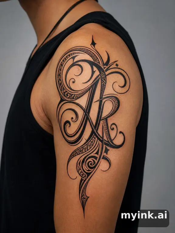 Elegant intertwined initials in fine-line calligraphy script — Tribal Tattoo Design reference image