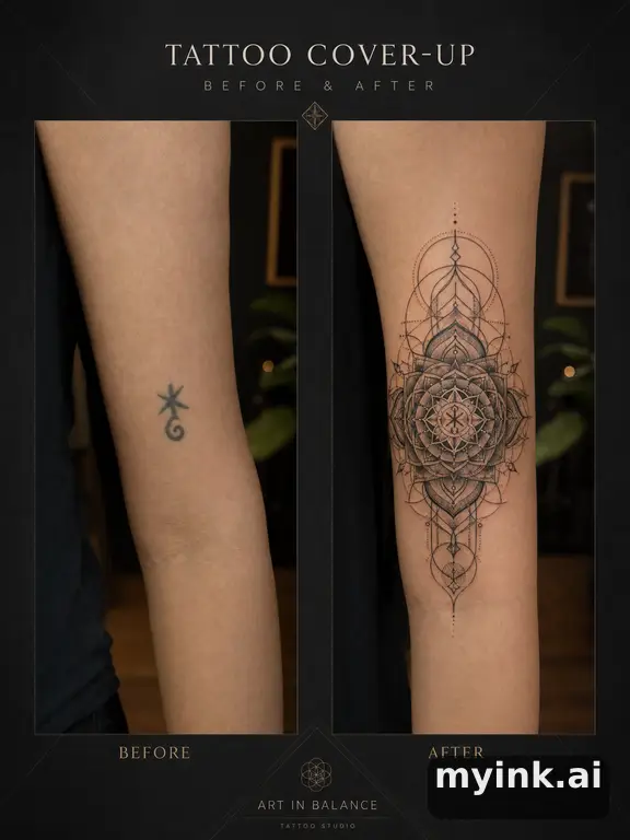 Before-and-after cover-up direction that absorbs an old small symbol — Geometric Tattoo Design reference image