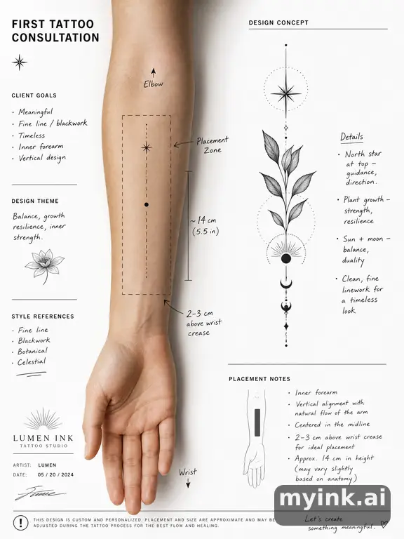 First tattoo consultation sheet with a fine-line forearm design and placement notes — Blackwork Tattoo Design reference image