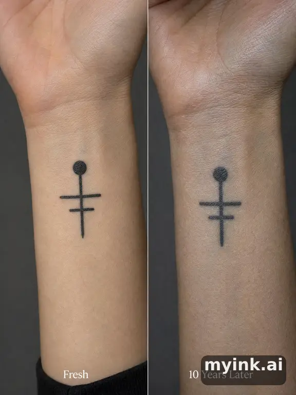 Tattoo aging comparison for a minimalist wrist design over ten years — Blackwork Tattoo Design reference image