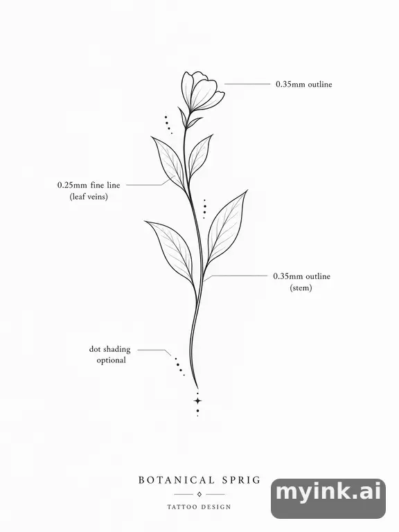Clean stencil-ready botanical tattoo with line weight annotations — Minimalist Tattoo Design reference image