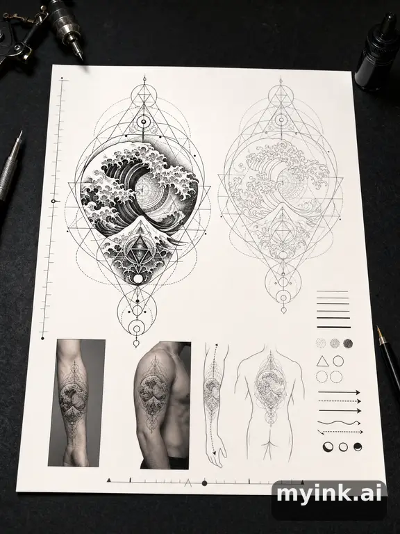 Consultation-ready Japanese wave tattoo plan with stencil and placement notes — Geometric Tattoo Design reference image