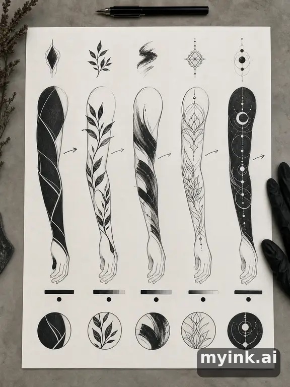 Cover-up tattoo planning board showing five blackwork directions — Minimalist Tattoo Design reference image