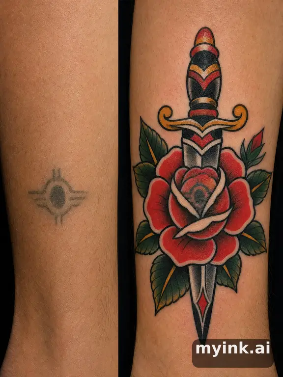 Before-and-after cover-up direction that absorbs an old small symbol — Traditional Tattoo Design reference image
