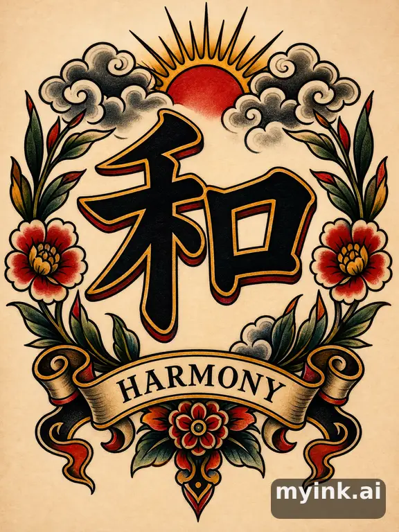 Chinese character '和' (harmony) — Traditional Tattoo Design reference image