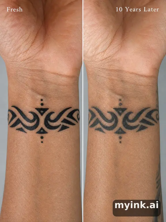 Tattoo aging comparison for a minimalist wrist design over ten years — Tribal Tattoo Design reference image