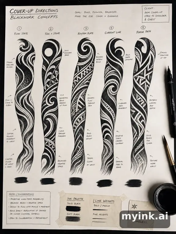 Cover-up tattoo planning board showing five blackwork directions — Tribal Tattoo Design reference image