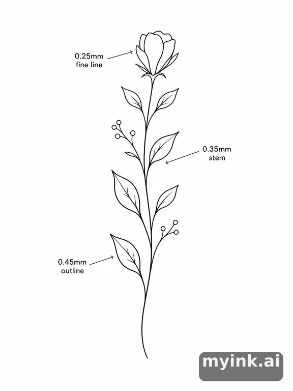Clean stencil-ready botanical tattoo with line weight annotations — Minimalist Tattoo Design reference image