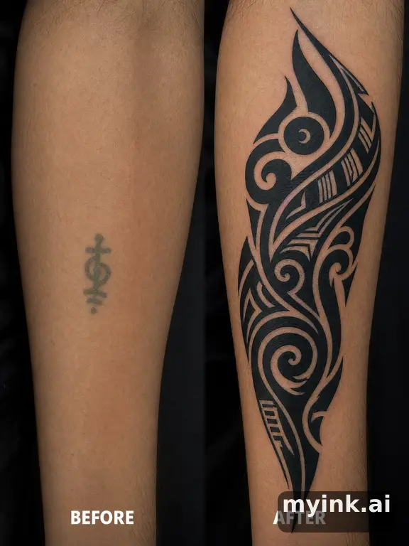 Before-and-after cover-up direction that absorbs an old small symbol — Tribal Tattoo Design reference image