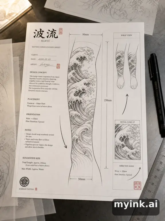 First tattoo consultation sheet with a fine-line forearm design and placement notes — Japanese Tattoo Design reference image