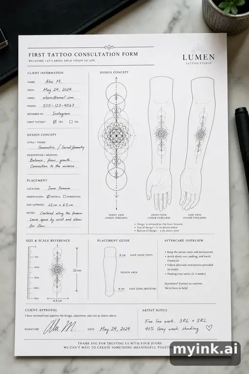 First tattoo consultation sheet with a fine-line forearm design and placement notes — Geometric Tattoo Design reference image