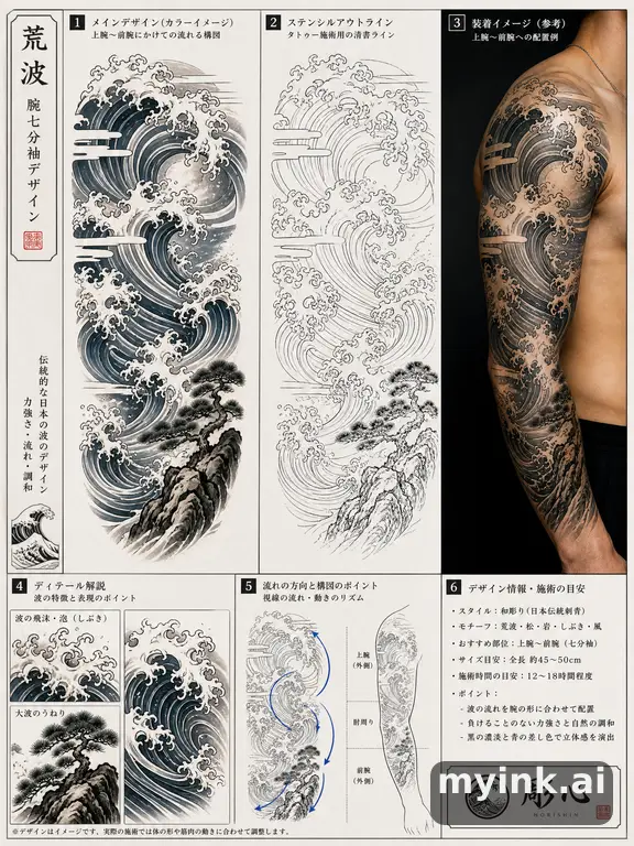 Consultation-ready Japanese wave tattoo plan with stencil and placement notes — Japanese Tattoo Design reference image