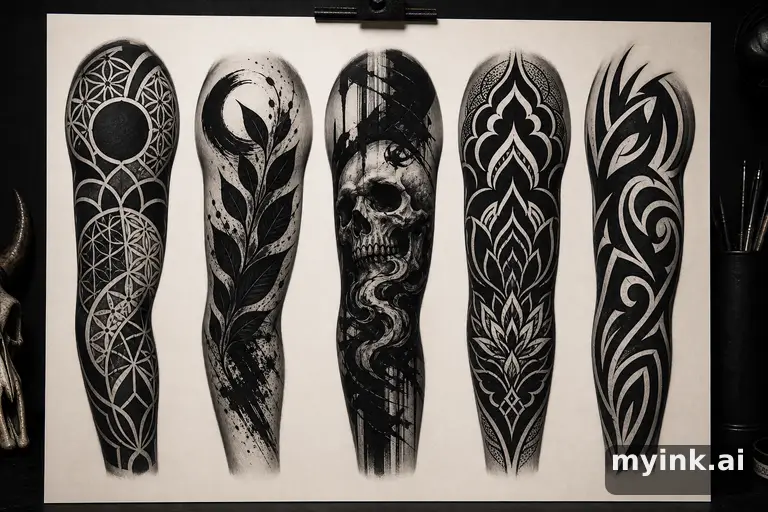 Cover-up tattoo planning board showing five blackwork directions — Blackwork Tattoo Design reference image