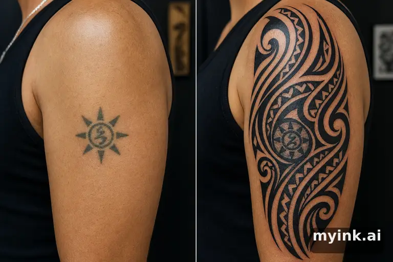 Before-and-after cover-up direction that absorbs an old small symbol — Tribal Tattoo Design reference image