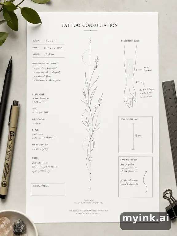 First tattoo consultation sheet with a fine-line forearm design and placement notes — Minimalist Tattoo Design reference image