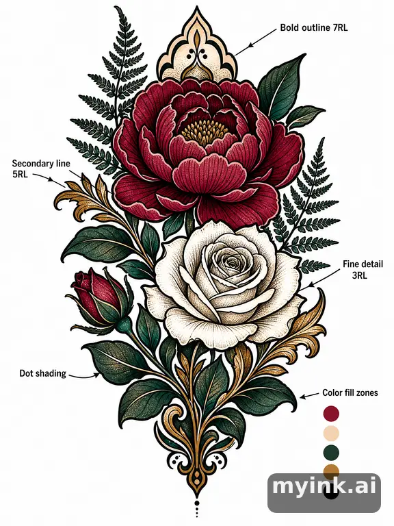Clean stencil-ready botanical tattoo with line weight annotations — Neotraditional Tattoo Design reference image