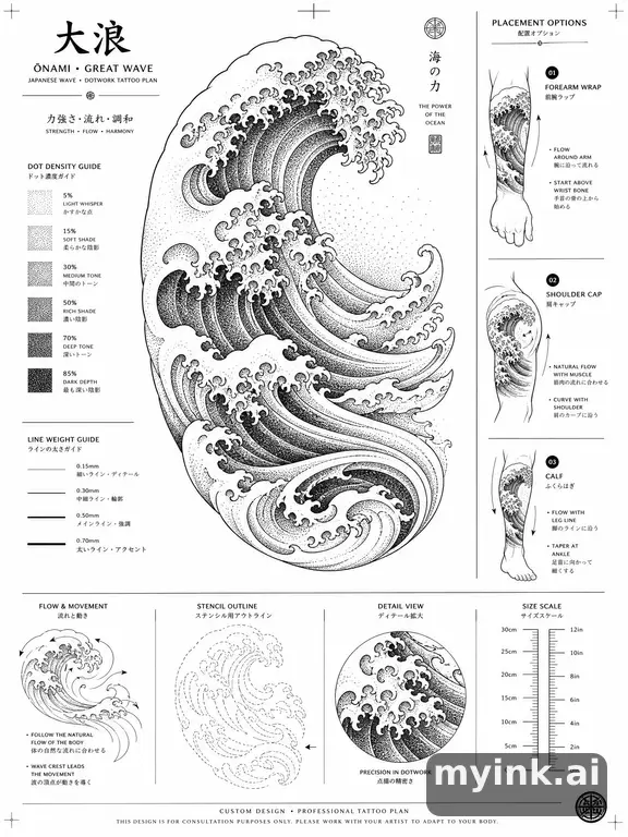 Consultation-ready Japanese wave tattoo plan with stencil and placement notes — Dotwork Tattoo Design reference image