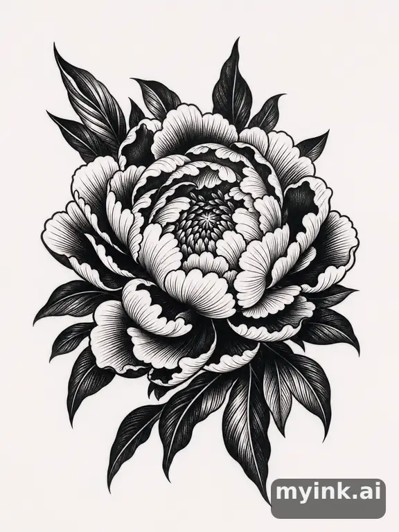 Peony flower — Blackwork Tattoo Design reference image