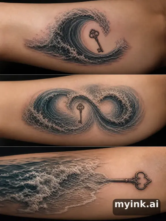 Three symbolic memorial tattoo routes based on ocean waves and a small key — Realistic Tattoo Design reference image