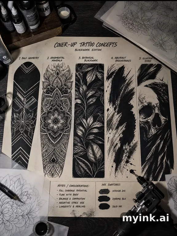 Cover-up tattoo planning board showing five blackwork directions — Realistic Tattoo Design reference image