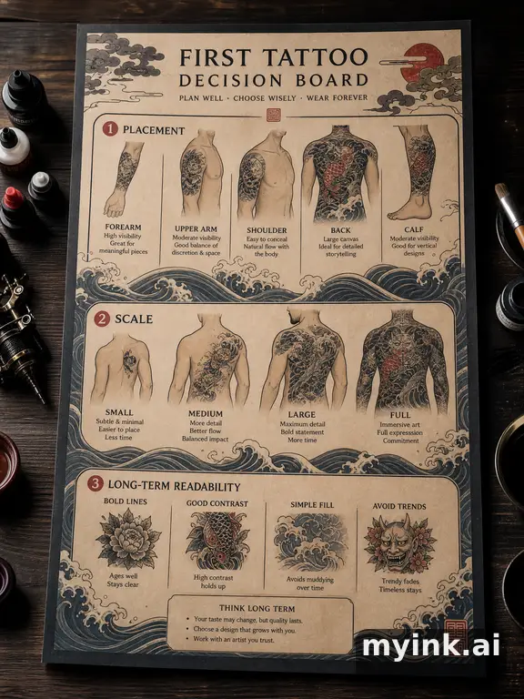 First tattoo decision board comparing placement β Japanese Tattoo Design reference image