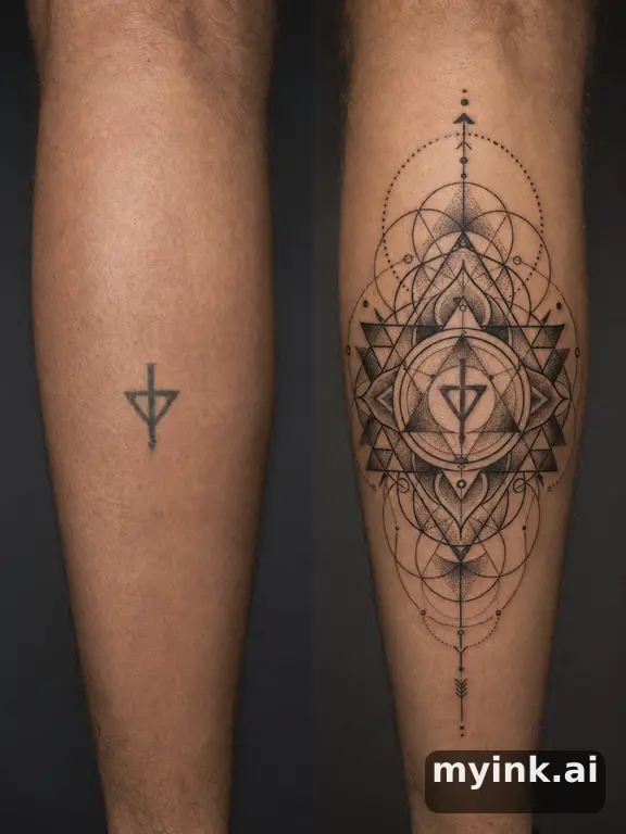 Before-and-after cover-up direction that absorbs an old small symbol β Geometric Tattoo Design reference image