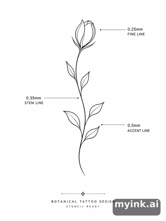 Clean stencil-ready botanical tattoo with line weight annotations β Minimalist Tattoo Design reference image