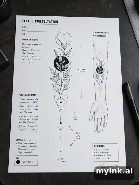 First tattoo consultation sheet with a fine-line forearm design and placement notes — Blackwork Tattoo Design reference image