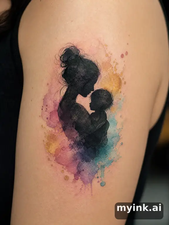 Mother and child silhouette β Watercolor Tattoo Design reference image