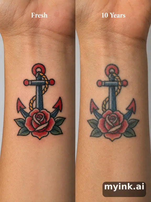 Tattoo aging comparison for a minimalist wrist design over ten years — Traditional Tattoo Design reference image