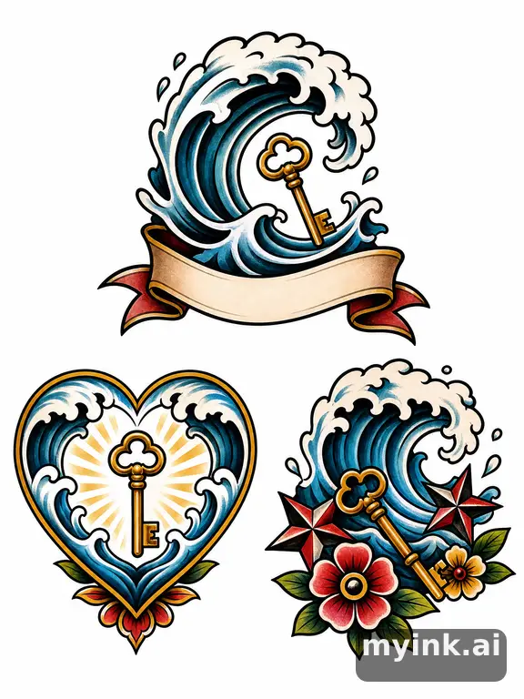 Three symbolic memorial tattoo routes based on ocean waves and a small key — Traditional Tattoo Design reference image