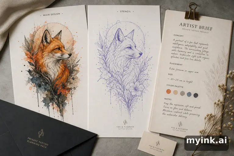 Private tattoo planning pack layout with main design β Watercolor Tattoo Design reference image