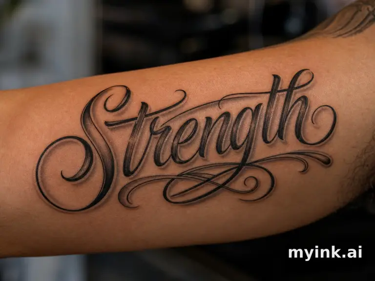 Word 'Strength' in elegant script β Realistic Tattoo Design reference image