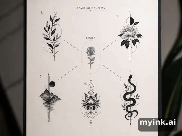 Cover-up tattoo planning board showing five blackwork directions β Minimalist Tattoo Design reference image