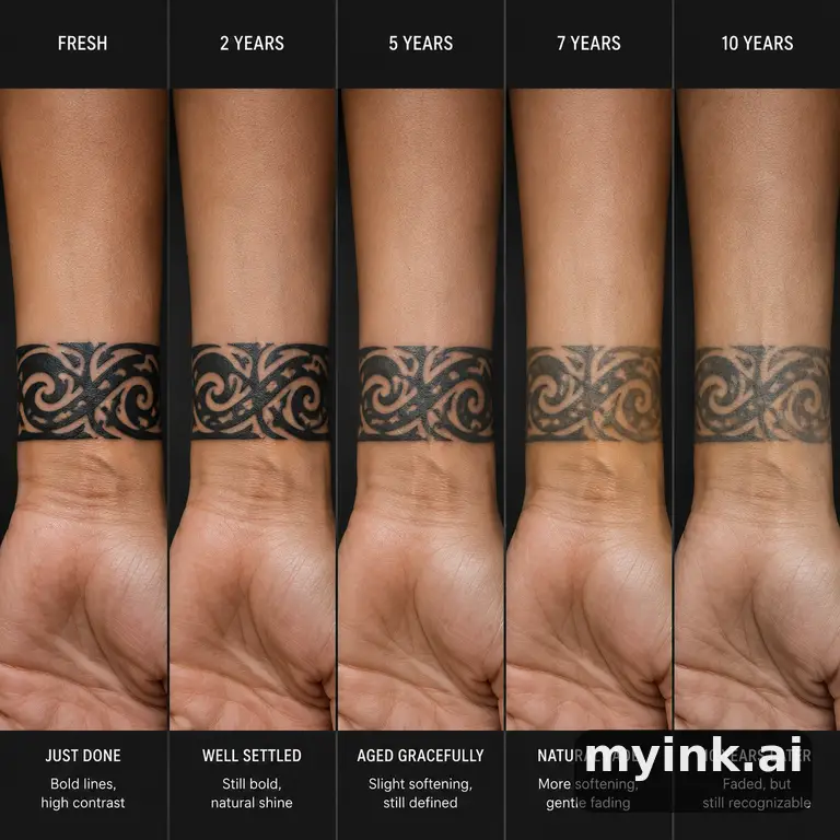 Tattoo aging comparison for a minimalist wrist design over ten years β Tribal Tattoo Design reference image